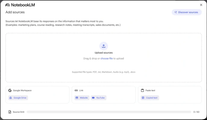 เพิ่มแหล่งข้อมูลใน NotebookLM